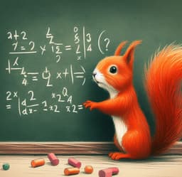 A red squirrel works at a chalk board, trying to solve a maths problem