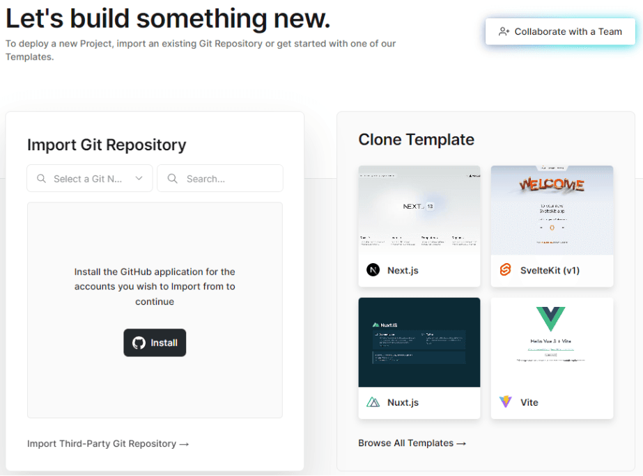 Cloning the Next.js template on Vercel
