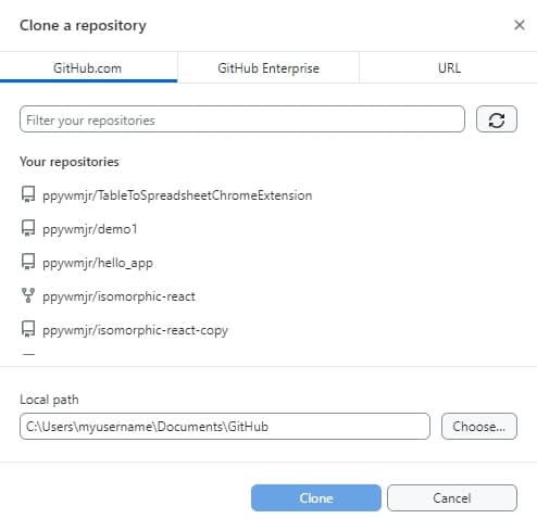 Github Desktop’s clone dialogue.