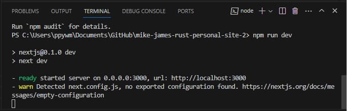Running npm run dev in the VSCode terminal.