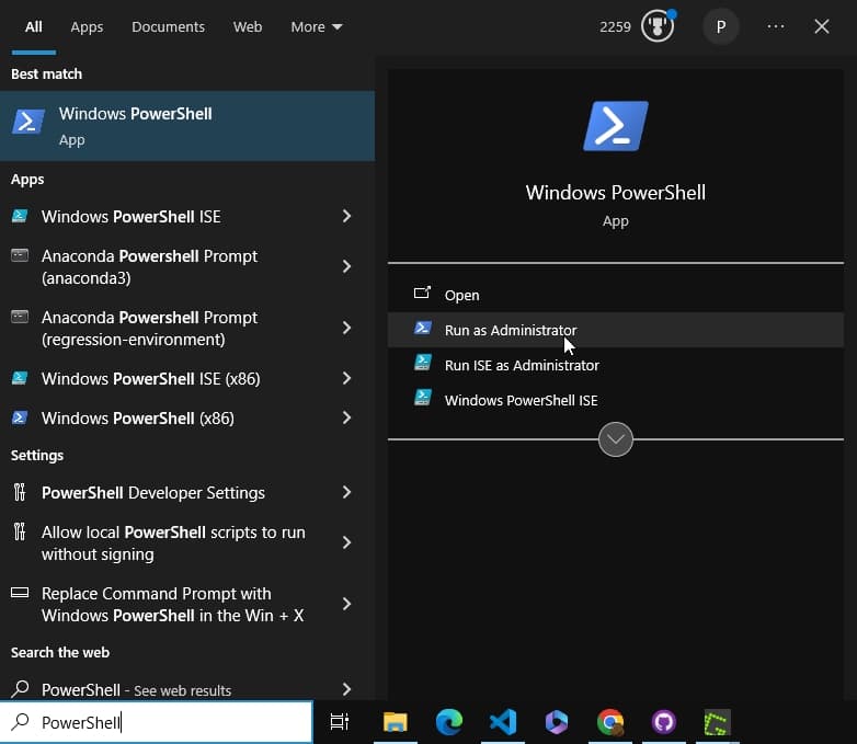 Searching for PowerShell in Windows search bar to run as administrator.