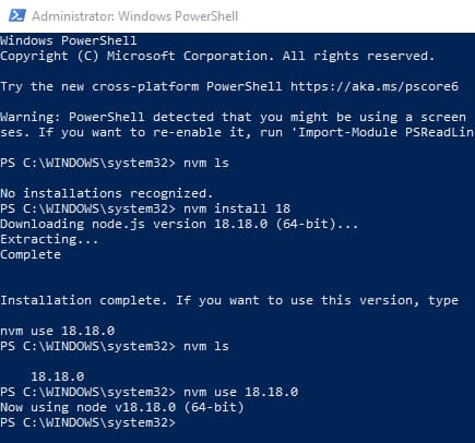 PowerShell terminal to install and use Node.