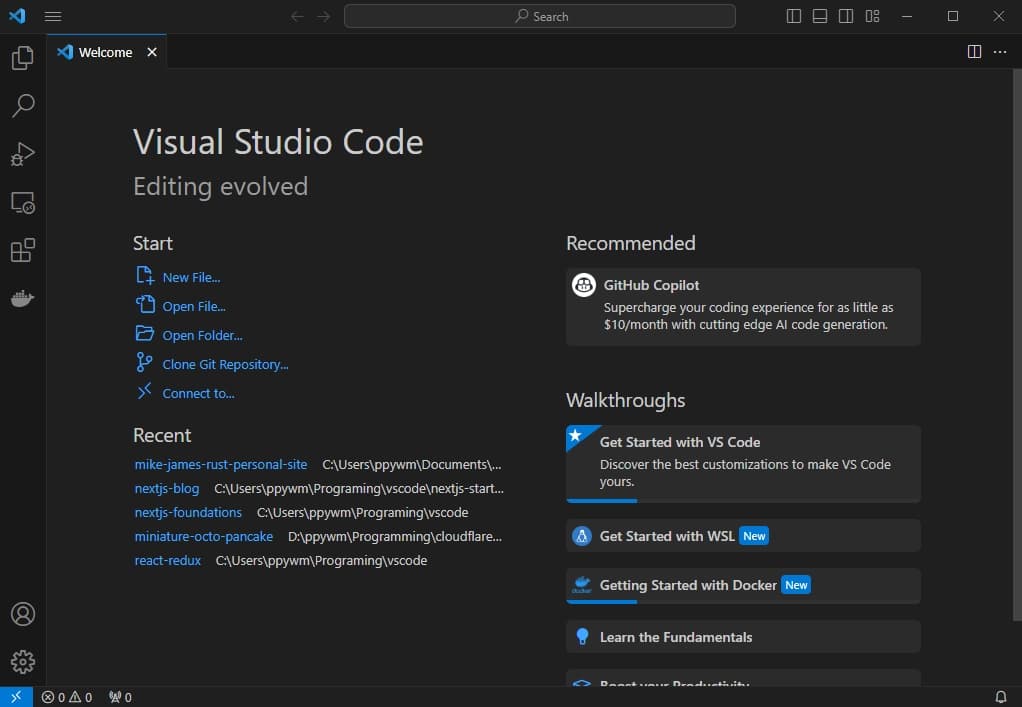 VSCode integrated development environment welcome screen.