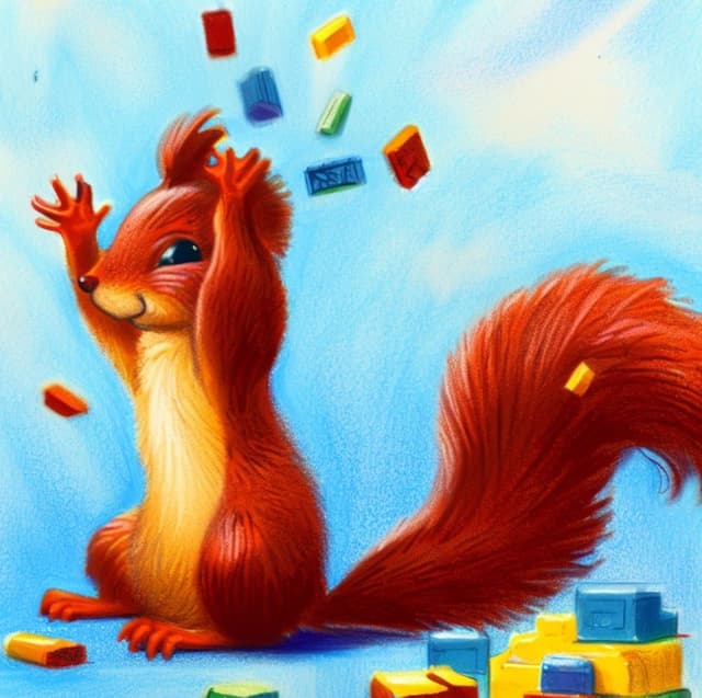 A mischievous red squirrel throws around building blocks