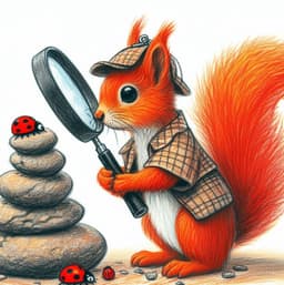 A red squirrel detective searches for a ladybird