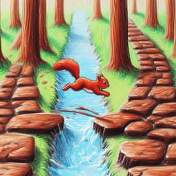 A red squirrel leaps from one path to another