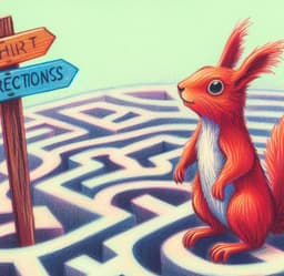 A red squirrel in a maze using a signpost to find the way to go 